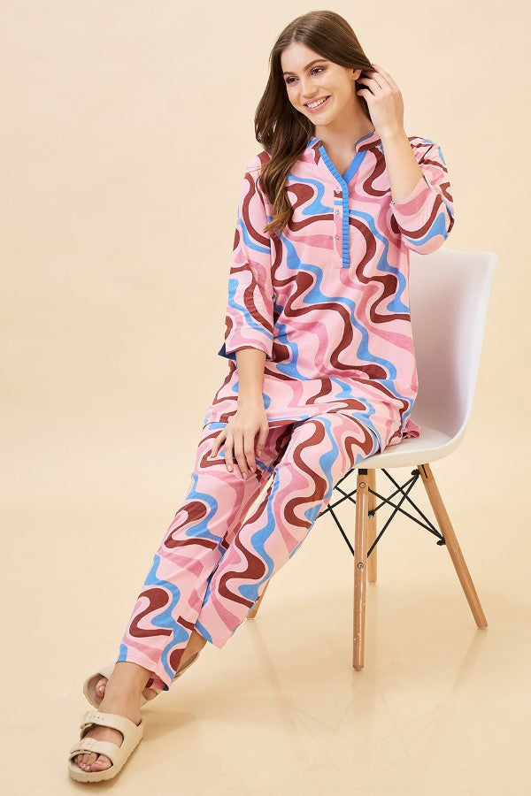 AV2 Women Cotton Printed Long Length Night Suit Set | Pajama Set | Night Dress for Women - Pink 2121B