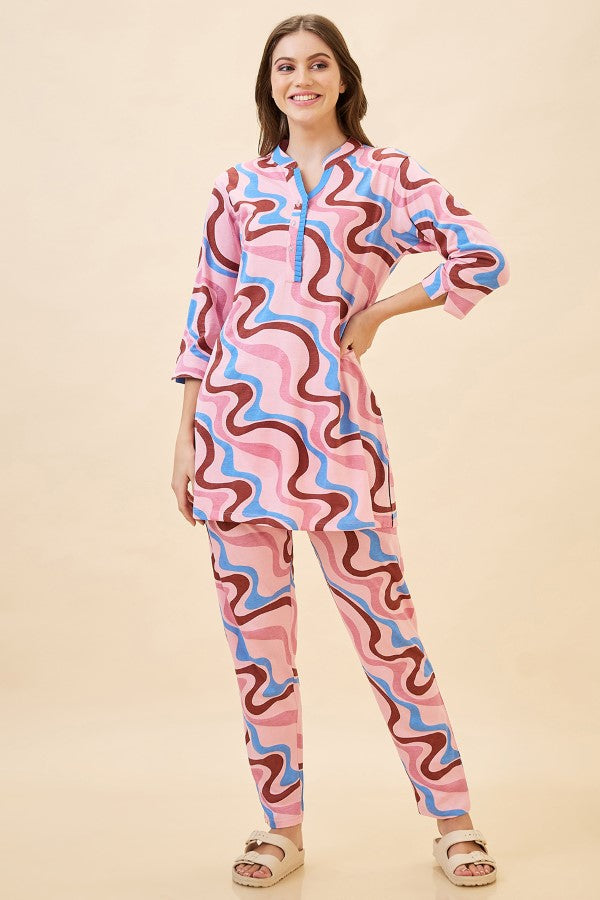 AV2 Women Cotton Printed Long Length Night Suit Set | Pajama Set | Night Dress for Women - Pink 2121B