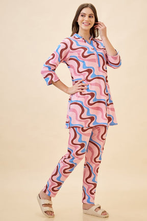 AV2 Women Cotton Printed Long Length Night Suit Set | Pajama Set | Night Dress for Women - Pink 2121B
