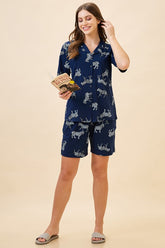 AV2 Women Cotton Printed Short Sleeve Top & Shorts Nightsuit Set | Pajama Set | Nightdress for Women - Navy 2122A