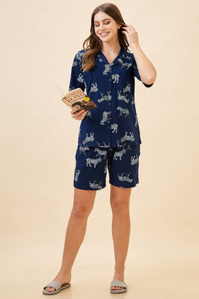 AV2 Women Cotton Printed Short Sleeve Top & Shorts Nightsuit Set | Pajama Set | Nightdress for Women - Navy 2122A