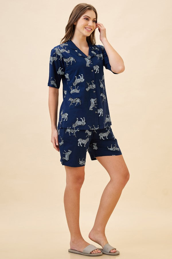 AV2 Women Cotton Printed Short Sleeve Top & Shorts Nightsuit Set | Pajama Set | Nightdress for Women - Navy 2122A