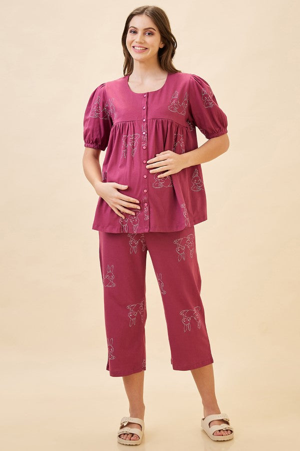 AV2 Women's Cotton Printed Maternity & Feeding Night Suit Set Of Top & Relaxed Capri Nursing Night Dress - Pink 2123A