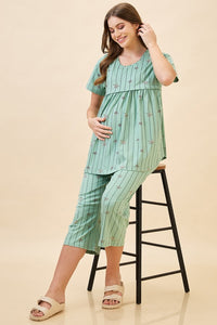 AV2 Women's Cotton Printed Maternity & Feeding Night Suit Set Of Top & Relaxed Capri Nursing Night Dress - Green 2124A