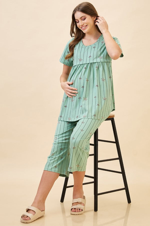 AV2 Women's Cotton Printed Maternity & Feeding Night Suit Set Of Top & Relaxed Capri Nursing Night Dress - Green 2124A