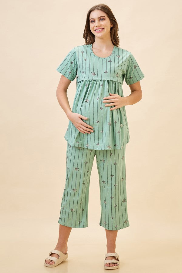 AV2 Women's Cotton Printed Maternity & Feeding Night Suit Set Of Top & Relaxed Capri Nursing Night Dress - Green 2124A