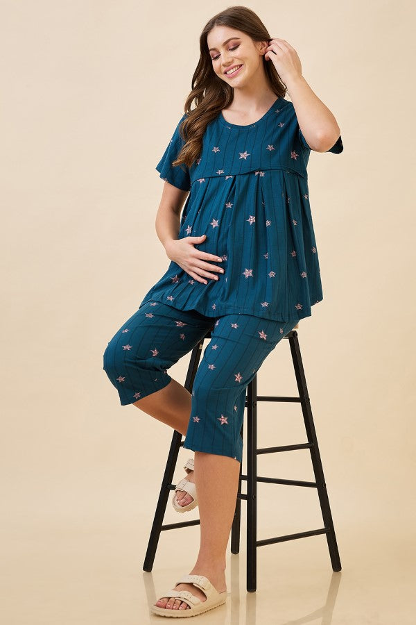AV2 Women's Cotton Printed Maternity & Feeding Night Suit Set Of Top & Relaxed Capri Nursing Night Dress - Teal 2124B