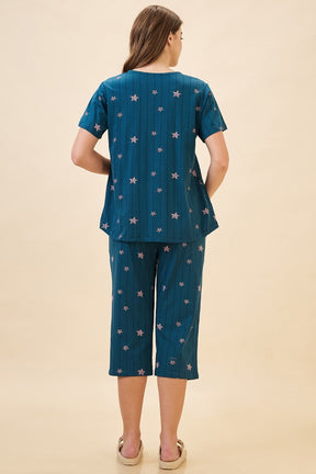 AV2 Women's Cotton Printed Maternity & Feeding Night Suit Set Of Top & Relaxed Capri Nursing Night Dress - Teal 2124B