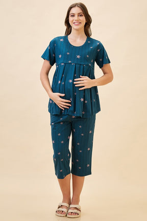 AV2 Women's Cotton Printed Maternity & Feeding Night Suit Set Of Top & Relaxed Capri Nursing Night Dress - Teal 2124B