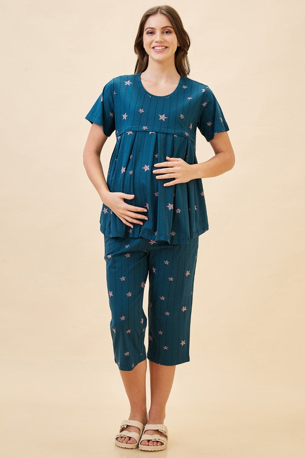 AV2 Women's Cotton Printed Maternity & Feeding Night Suit Set Of Top & Relaxed Capri Nursing Night Dress - Teal 2124B