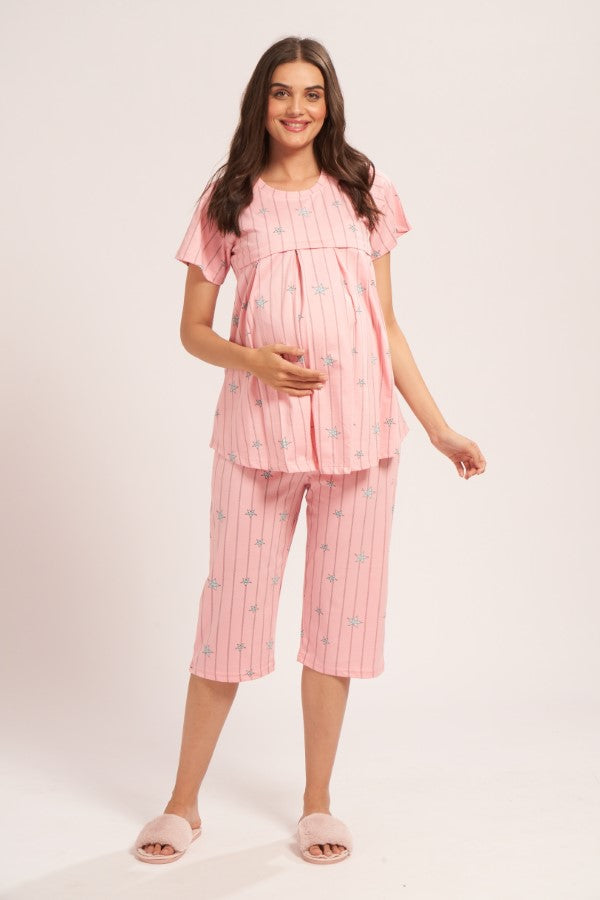AV2 Women's Cotton Printed Maternity & Feeding Night Suit Set Of Top & Relaxed Capri Nursing Night Dress - Peach 2124C