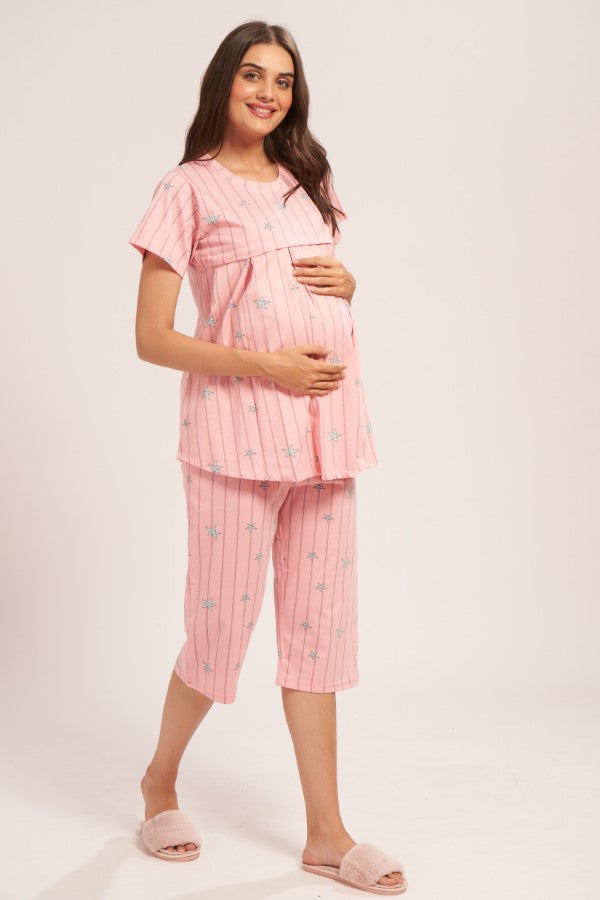 AV2 Women's Cotton Printed Maternity & Feeding Night Suit Set Of Top & Relaxed Capri Nursing Night Dress - Peach 2124C