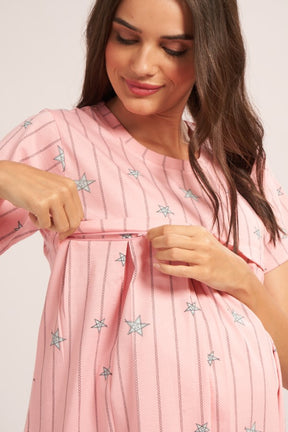 AV2 Women's Cotton Printed Maternity & Feeding Night Suit Set Of Top & Relaxed Capri Nursing Night Dress - Peach 2124C