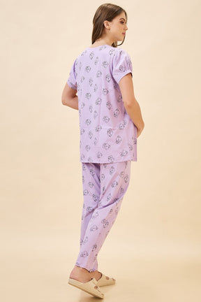 AV2 Women's Cotton Printed Maternity & Feeding Night Suit Set Of Top & Relaxed Pyjama Nursing Night Dress - Purple 2125B
