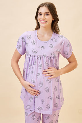 AV2 Women's Cotton Printed Maternity & Feeding Night Suit Set Of Top & Relaxed Pyjama Nursing Night Dress - Purple 2125B