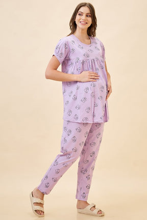 AV2 Women's Cotton Printed Maternity & Feeding Night Suit Set Of Top & Relaxed Pyjama Nursing Night Dress - Purple 2125B