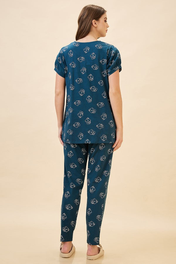 AV2 Women's Cotton Printed Maternity & Feeding Night Suit Set Of Top & Relaxed Pyjama Nursing Night Dress - Teal 2125C