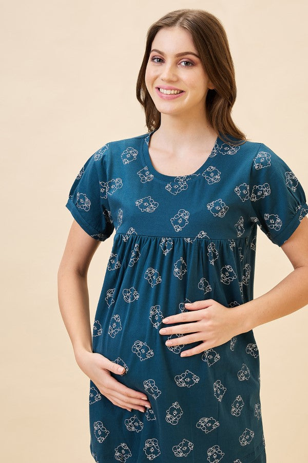 AV2 Women's Cotton Printed Maternity & Feeding Night Suit Set Of Top & Relaxed Pyjama Nursing Night Dress - Teal 2125C