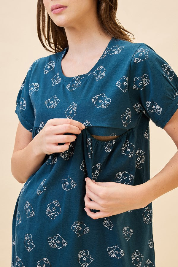 AV2 Women's Cotton Printed Maternity & Feeding Night Suit Set Of Top & Relaxed Pyjama Nursing Night Dress - Teal 2125C