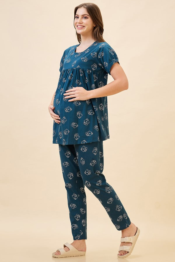 AV2 Women's Cotton Printed Maternity & Feeding Night Suit Set Of Top & Relaxed Pyjama Nursing Night Dress - Teal 2125C