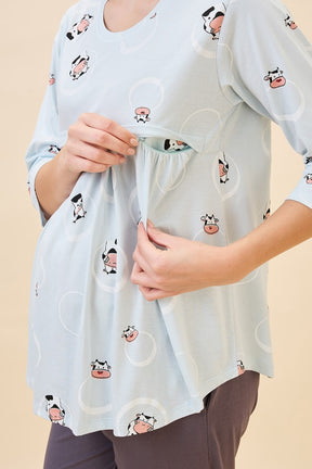 AV2 Women's Cotton Printed Maternity & Feeding Night Suit Set Of Top & Relaxed Pyjama Nursing Night Dress - Blue 2126A