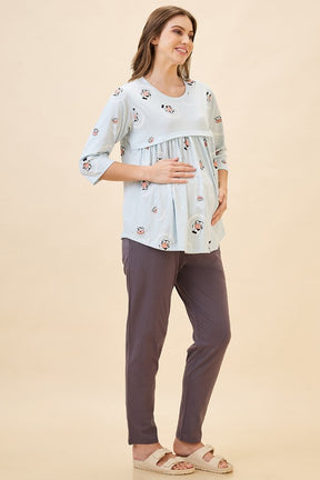 AV2 Women's Cotton Printed Maternity & Feeding Night Suit Set Of Top & Relaxed Pyjama Nursing Night Dress - Blue 2126A
