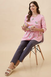 AV2 Women's Cotton Printed Maternity & Feeding Night Suit Set Of Top & Relaxed Pyjama Nursing Night Dress - Pink 2126B