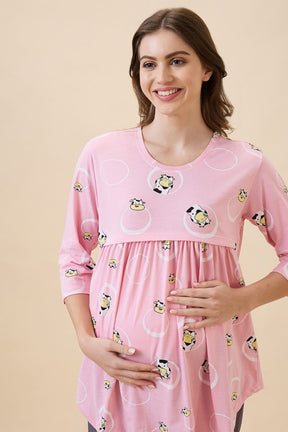 AV2 Women's Cotton Printed Maternity & Feeding Night Suit Set Of Top & Relaxed Pyjama Nursing Night Dress - Pink 2126B