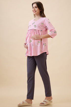 AV2 Women's Cotton Printed Maternity & Feeding Night Suit Set Of Top & Relaxed Pyjama Nursing Night Dress - Pink 2126B