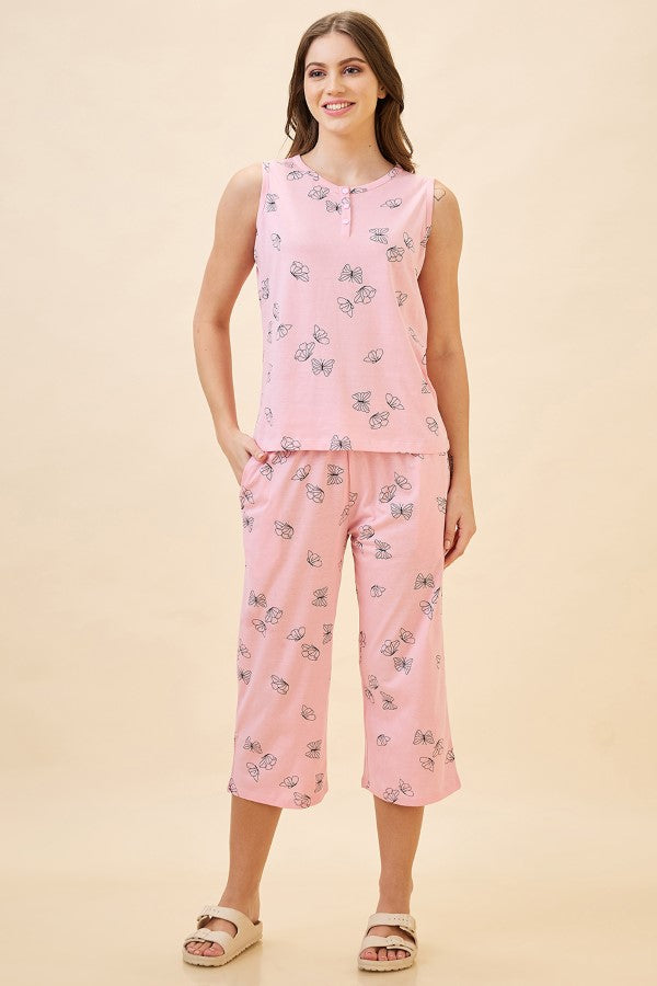 AV2 Women's Cotton Printed Round Neck Sleeveless Nightsuit Set | Capri Set | Casual Night Dress for Women - Pink 2127A