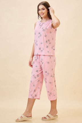 AV2 Women's Cotton Printed Round Neck Sleeveless Nightsuit Set | Capri Set | Casual Night Dress for Women - Pink 2127A