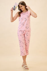 AV2 Women's Cotton Printed Round Neck Sleeveless Nightsuit Set | Capri Set | Casual Night Dress for Women - Pink 2127A