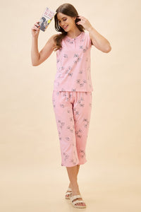 AV2 Women's Cotton Printed Round Neck Sleeveless Nightsuit Set | Capri Set | Casual Night Dress for Women - Pink 2127A