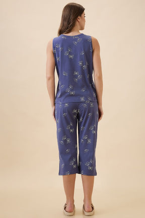 AV2 Women's Cotton Printed Round Neck Sleeveless Nightsuit Set | Capri Set | Casual Night Dress for Women - Blue 2127C