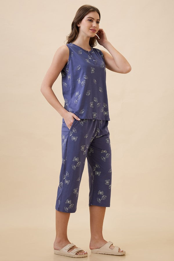 AV2 Women's Cotton Printed Round Neck Sleeveless Nightsuit Set | Capri Set | Casual Night Dress for Women - Blue 2127C