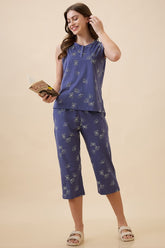 AV2 Women's Cotton Printed Round Neck Sleeveless Nightsuit Set | Capri Set | Casual Night Dress for Women - Blue 2127C