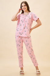 AV2 Women's Cotton Printed Round Neck Short Sleeve Nightsuit Set | Pajama Set | Casual Night Dress for Women - Pink 2128A
