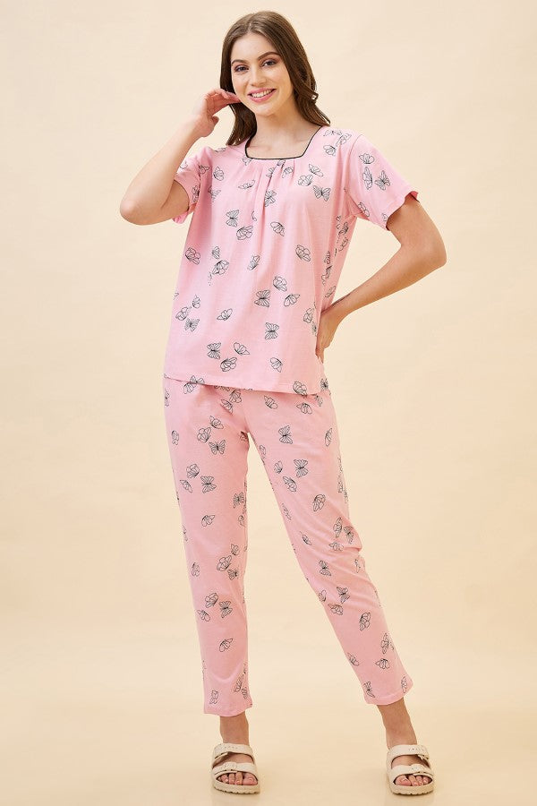 AV2 Women's Cotton Printed Round Neck Short Sleeve Nightsuit Set | Pajama Set | Casual Night Dress for Women - Pink 2128A