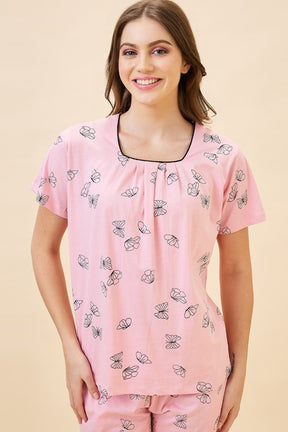 AV2 Women's Cotton Printed Round Neck Short Sleeve Nightsuit Set | Pajama Set | Casual Night Dress for Women - Pink 2128A