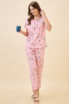 AV2 Women's Cotton Printed Round Neck Short Sleeve Nightsuit Set | Pajama Set | Casual Night Dress for Women - Pink 2128A