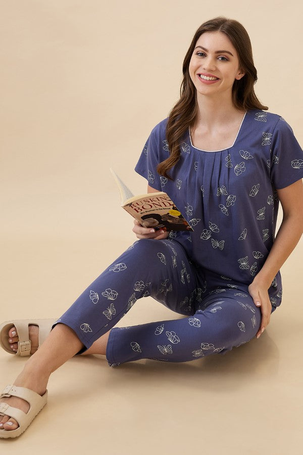 AV2 Women's Cotton Printed Round Neck Short Sleeve Nightsuit Set | Pajama Set | Casual Night Dress for Women - Blue 2128B