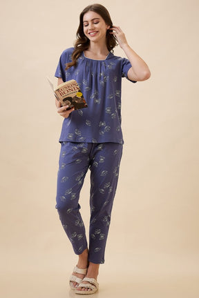 AV2 Women's Cotton Printed Round Neck Short Sleeve Nightsuit Set | Pajama Set | Casual Night Dress for Women - Blue 2128B
