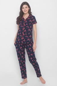 AV2 Women Cotton Bird Printed Top & Pyjama Nighsuit Set - Blue 2201A