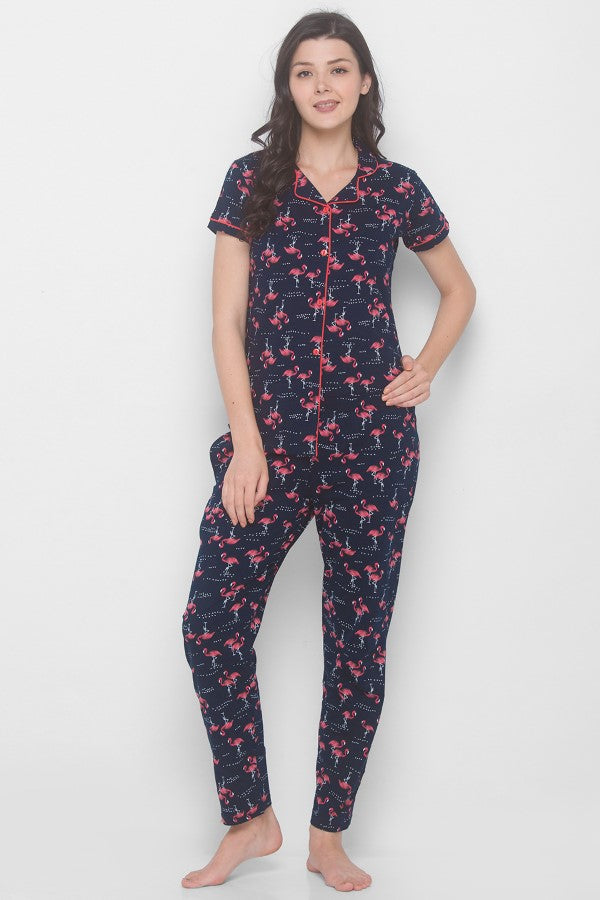 AV2 Women Cotton Bird Printed Top & Pyjama Nighsuit Set - Blue 2201A