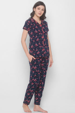AV2 Women Cotton Bird Printed Top & Pyjama Nighsuit Set - Blue 2201A