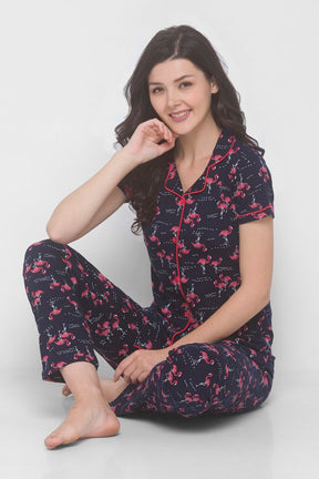 AV2 Women Cotton Bird Printed Top & Pyjama Nighsuit Set - Blue 2201A