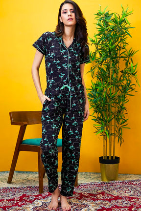 AV2 Women Cotton Bird Printed Top & Pyjama Nighsuit Set - Black 2201B