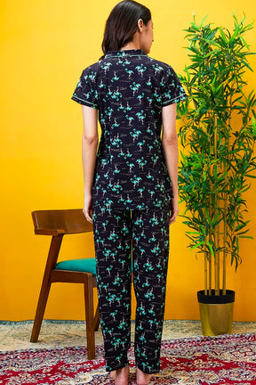 AV2 Women Cotton Bird Printed Top & Pyjama Nighsuit Set - Black 2201B
