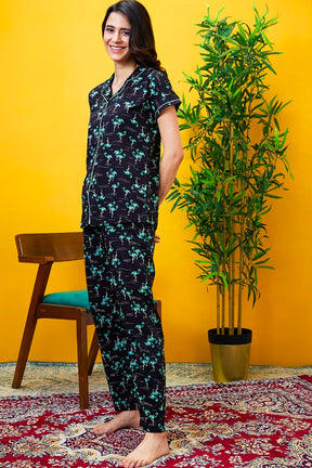 AV2 Women Cotton Bird Printed Top & Pyjama Nighsuit Set - Black 2201B
