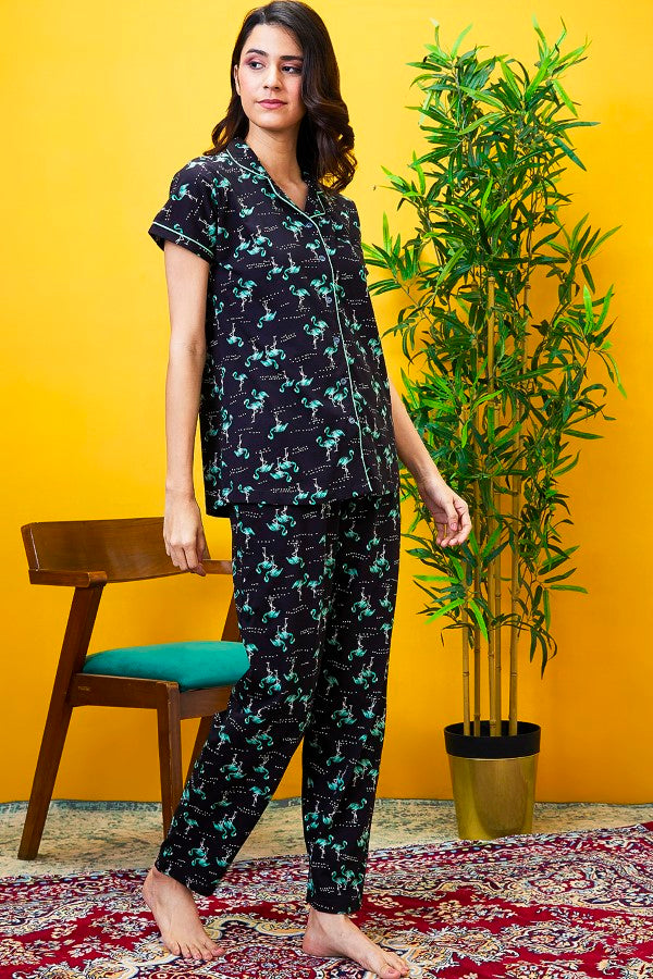AV2 Women Cotton Bird Printed Top & Pyjama Nighsuit Set - Black 2201B